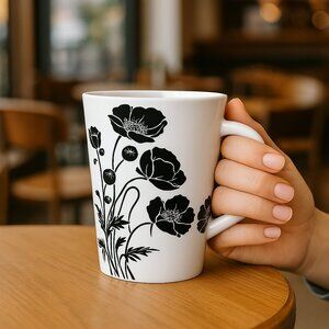 12oz Ceramic Floral Mug, Black and White
